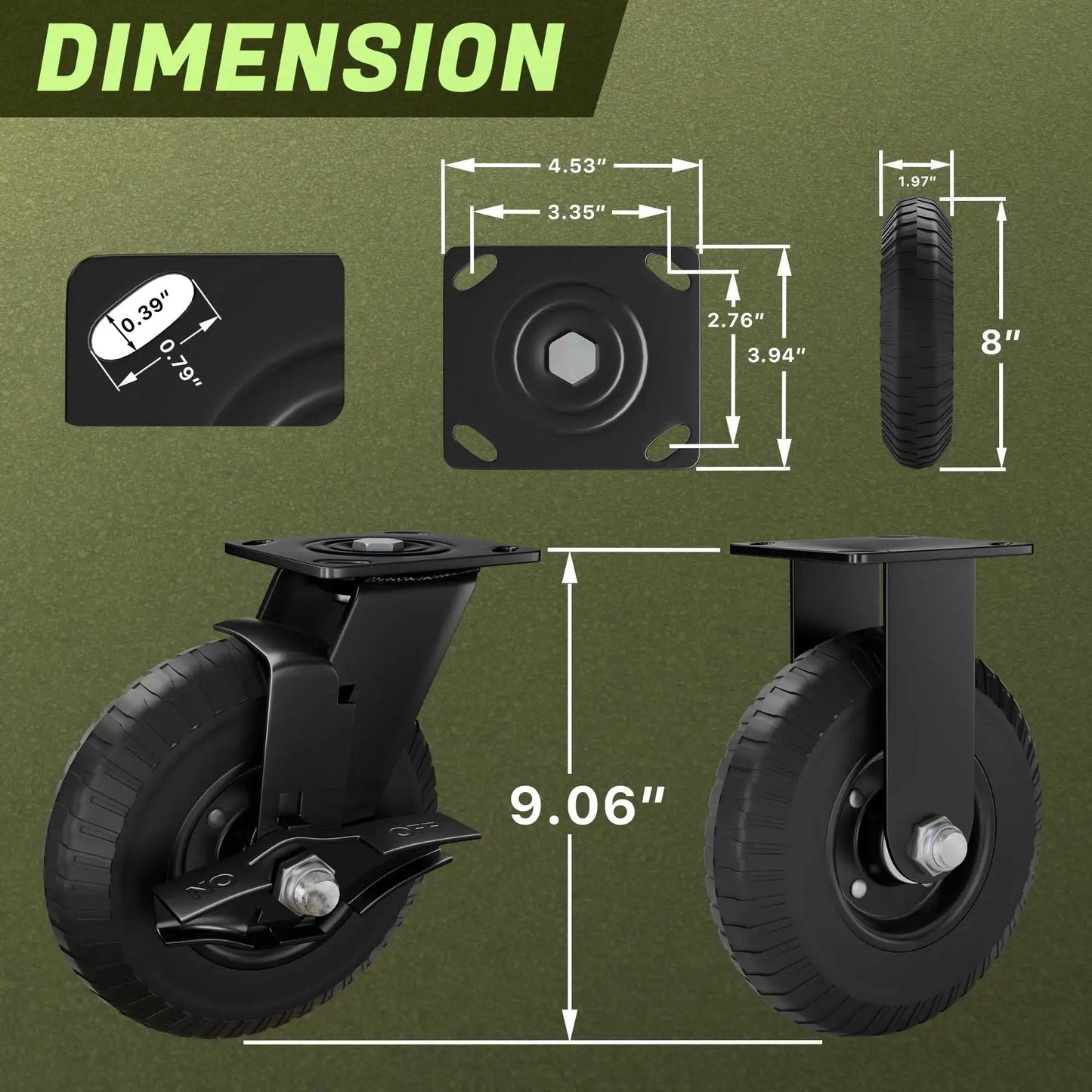 Dimensions and side view of 8 Inch Caster Wheels Set Of 4 With 2 Brakes And 2 Fixed Heavy Duty 2200 Lb Solid Rubber Plate Casters.