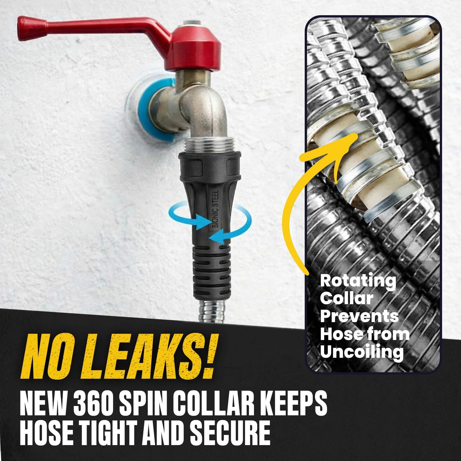 Ultra Durable 50 Ft Five Eighth Inch Stainless Steel Garden Hose With Sprayer Nozzle For Heavy Duty Watering, Non Kinking Design depicted with hose and faucet connection