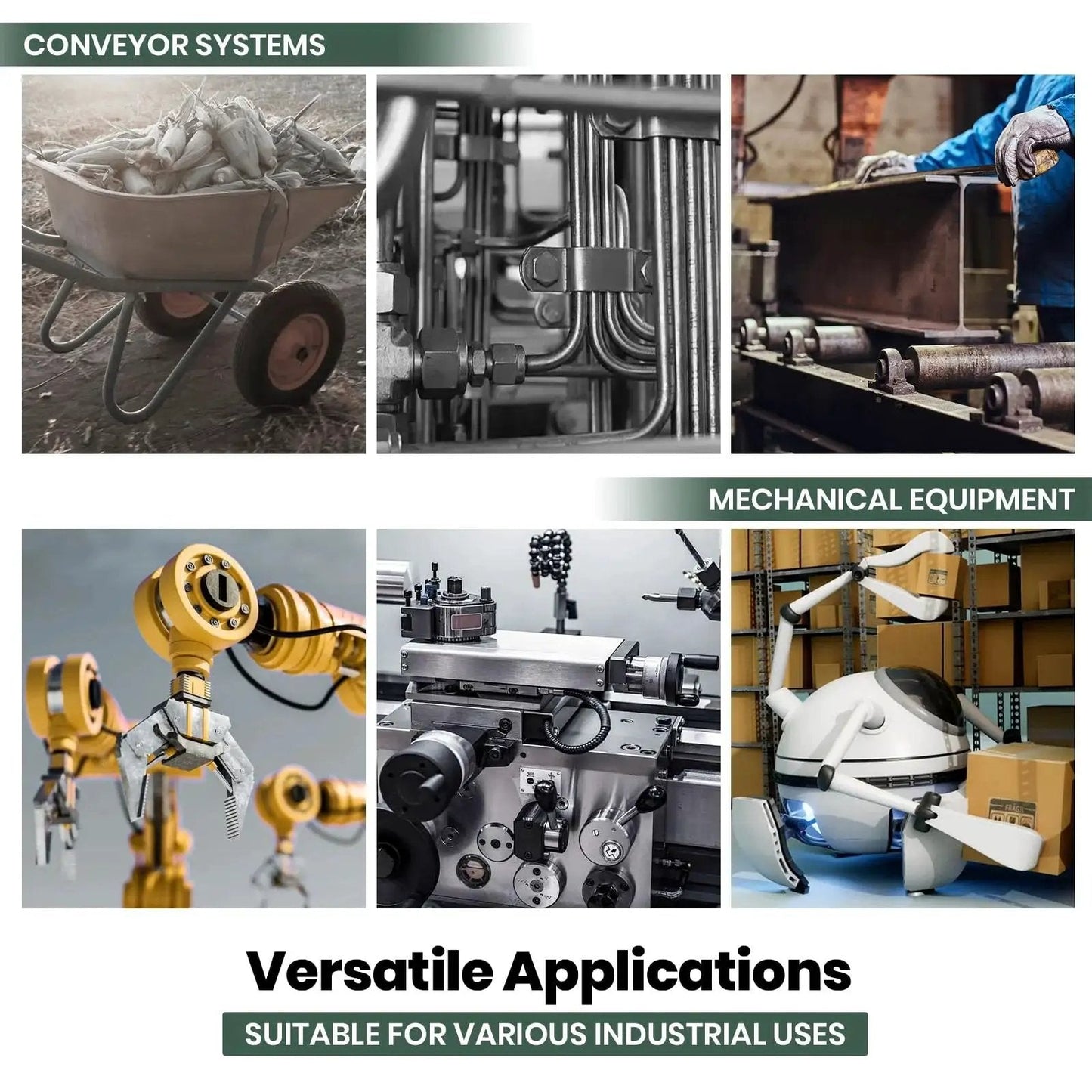 Collage of industrial machinery and conveyor systems showcasing versatile applications