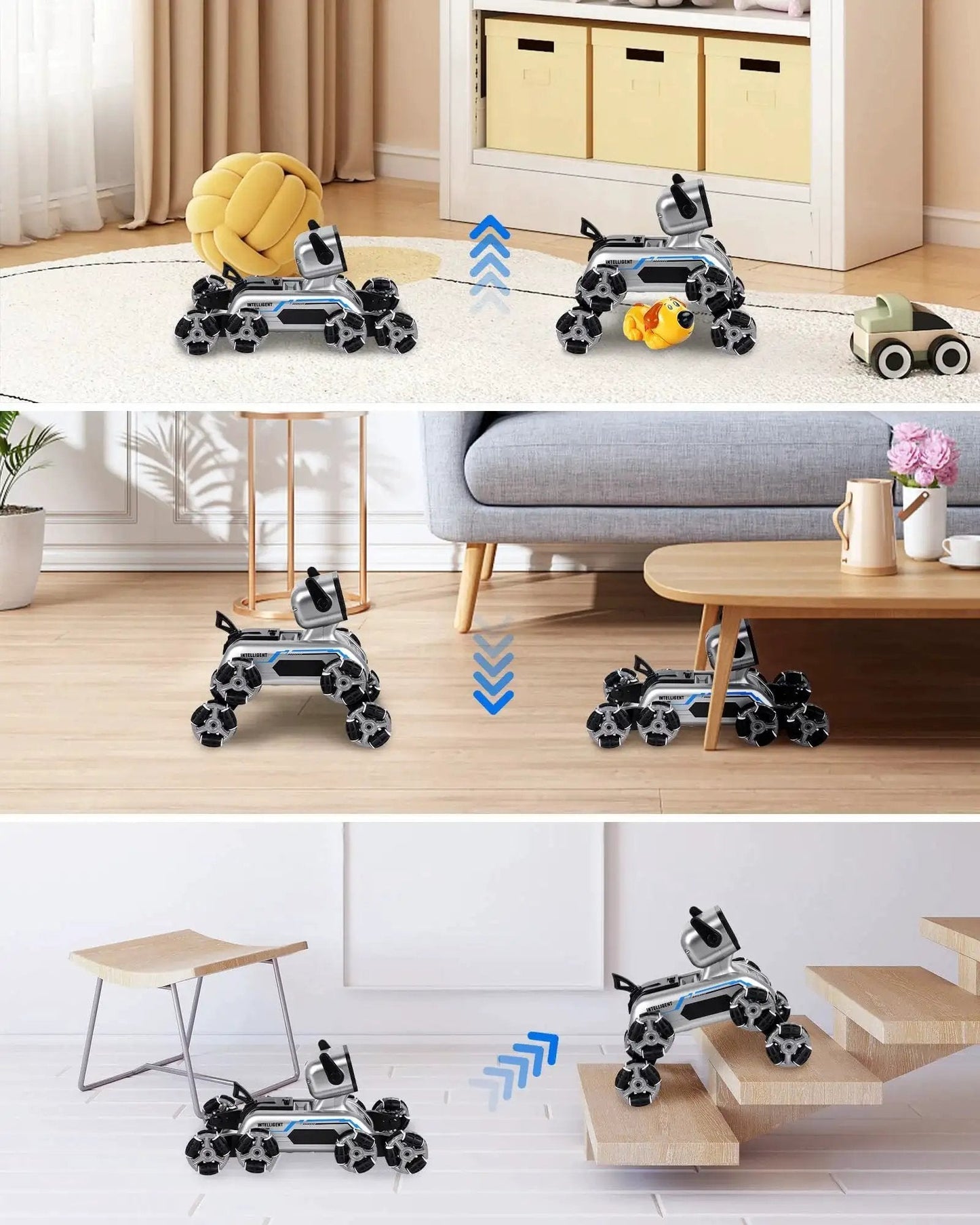 Interactive Robot Dog RC Stunt Car with Gesture Sensing and 2.4GHz Remote Mecanum Wheels showing movement indoors