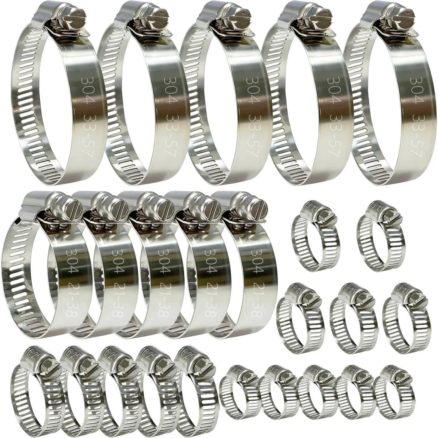 Stainless Steel Hose Clamps Assortment Kit Twenty Five Pieces Worm Gear Hose Clamp Adjustable From One Quarter Inch To Two And One Quarter Inch For Plumbing Automotive And Mechanical Applications Durable Corrosion Resistant 304 Stainless Steel, showing various size clamps in a set