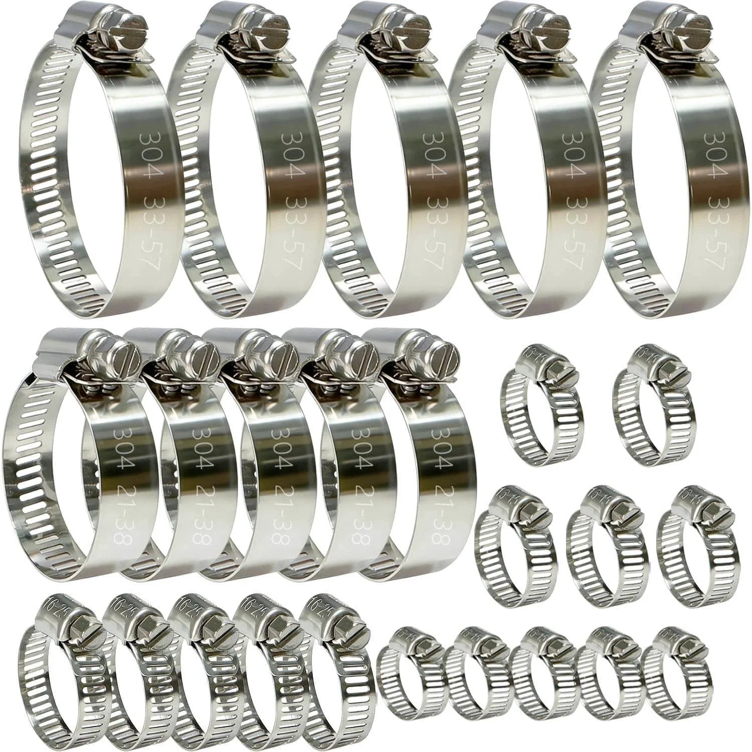 Stainless Steel Hose Clamps Assortment Kit Twenty Five Pieces Worm Gear Hose Clamp Adjustable From One Quarter Inch To Two And One Quarter Inch For Plumbing Automotive And Mechanical Applications Durable Corrosion Resistant 304 Stainless Steel, showing various size clamps in a set