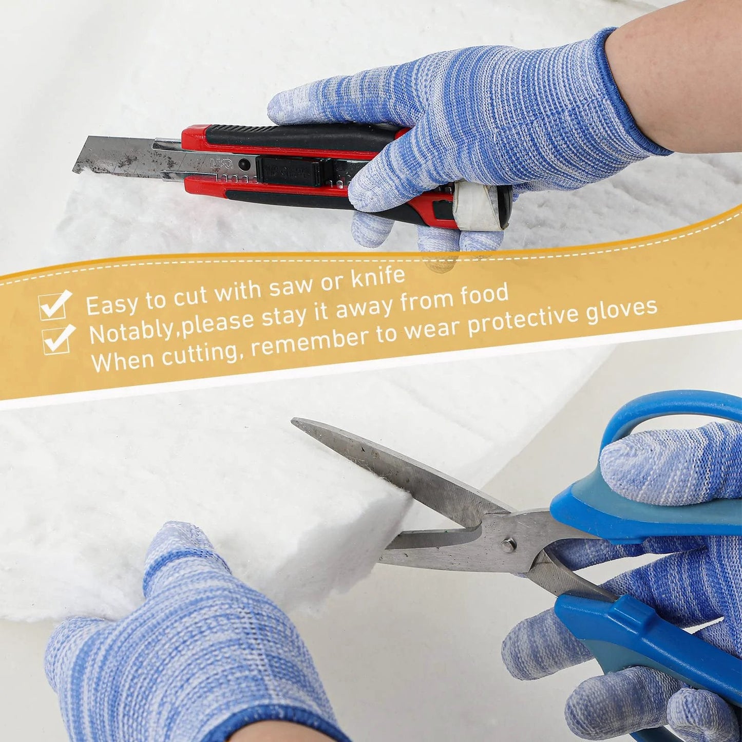 Hands cutting 2 Pack Ceramic Fiber Insulation Blanket High Density 2400F Fireproof For Furnace Stoves Kilns Forges Fireplaces 24 X 12 X 1 Inches White Heavy Duty Heat Shielding