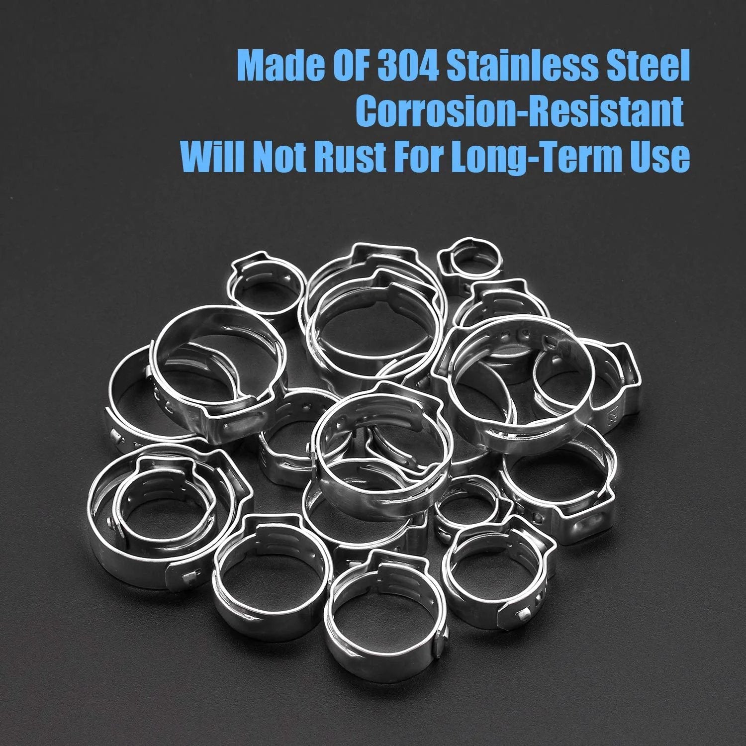 90 Pack Adjustable Hose Clamps 6 To 21mm Single Ear, 304 Stainless Steel for automotive and DIY projects, corrosion-resistant shown on black