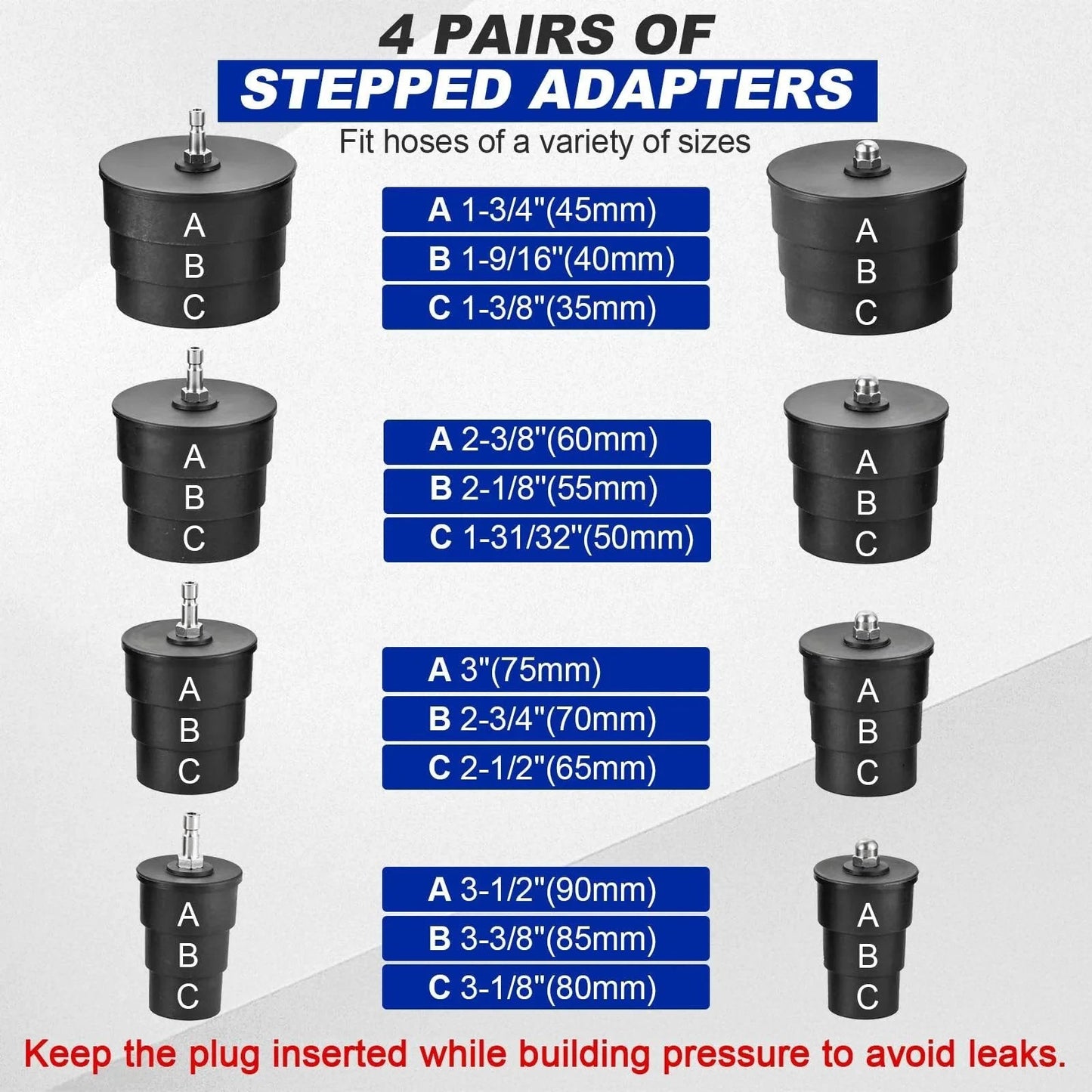 Four pairs of stepped adapters for Turbo System Leakage Tester Kit DASBET, sizes 1 3 8 to 3 1 2 inches shown.