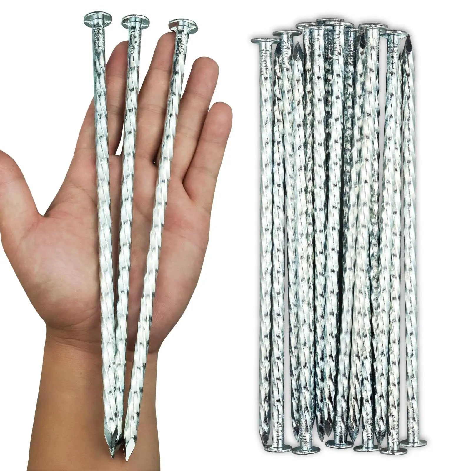 Heavy Duty 50 Pack Galvanized Landscape Stakes 10 Inch Spiral Spikes displayed with hand for size comparison