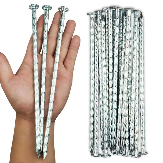Heavy Duty 50 Pack Galvanized Landscape Stakes 10 Inch Spiral Spikes displayed with hand for size comparison