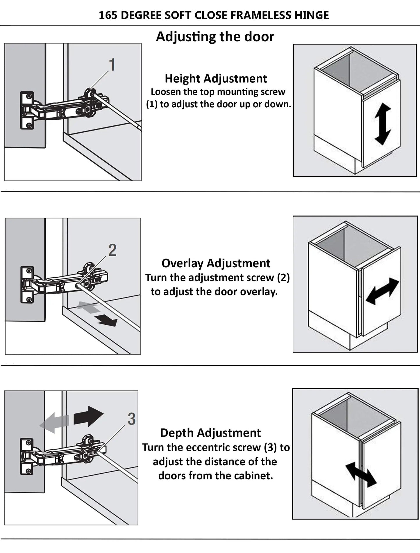 Diagram showing installation steps for Concealed Hydraulic 165 Degree Frameless Cabinet Door Hinges With Adjustable Mounting Easy Install Soft Closing Nickel Plated Steel Buffer Dampers For Wardrobe 2 Pack Full Overlay, including height, overlay, and depth adjustments.