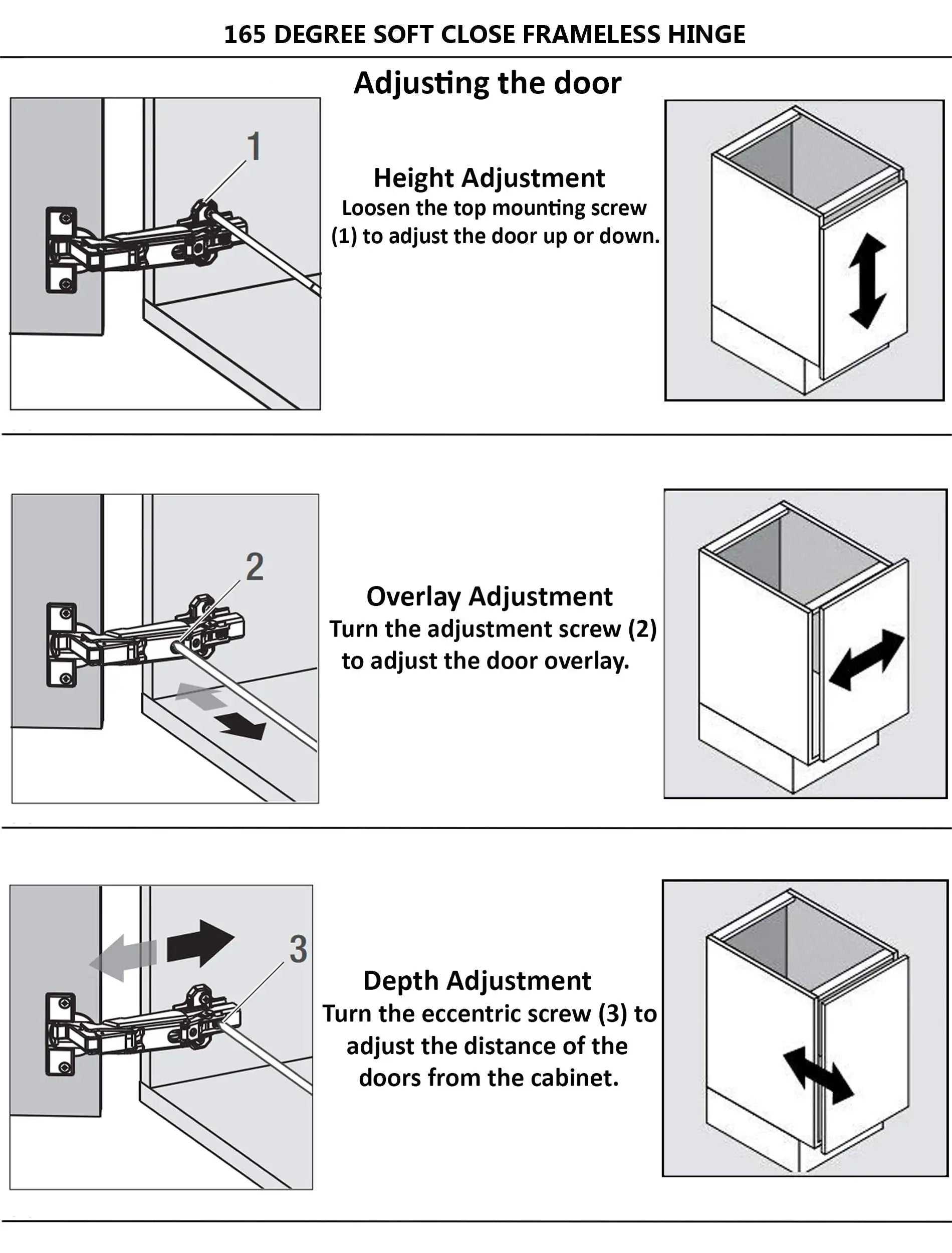 Diagram showing installation steps for Concealed Hydraulic 165 Degree Frameless Cabinet Door Hinges With Adjustable Mounting Easy Install Soft Closing Nickel Plated Steel Buffer Dampers For Wardrobe 2 Pack Full Overlay, including height, overlay, and depth adjustments.