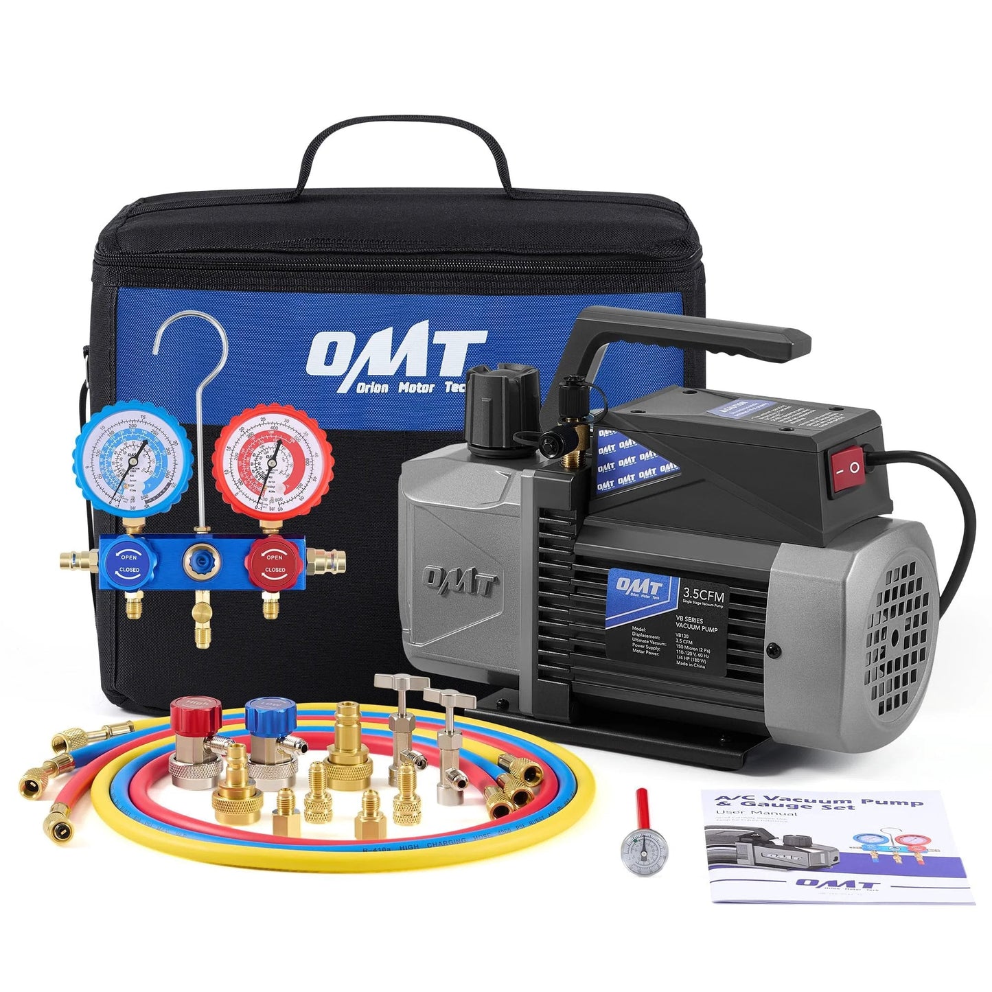 Must Have All In One AC Vacuum Pump And Gauge Kit For R1234yf R32 R134a R410A Systems With 3.5 Cfm Sparkless Ignition Proof Pump displayed.