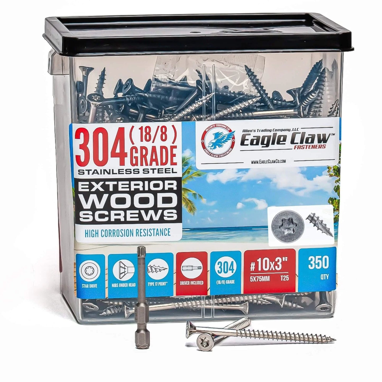 #10 x 3 Inch Stainless Steel Deck Screws 304 Grade, 350 Pack with Flat Head T25 Star Torx Drive by Eagle Claw Fasteners - Corrosion & Rust Resistant, Includes Driver Bit