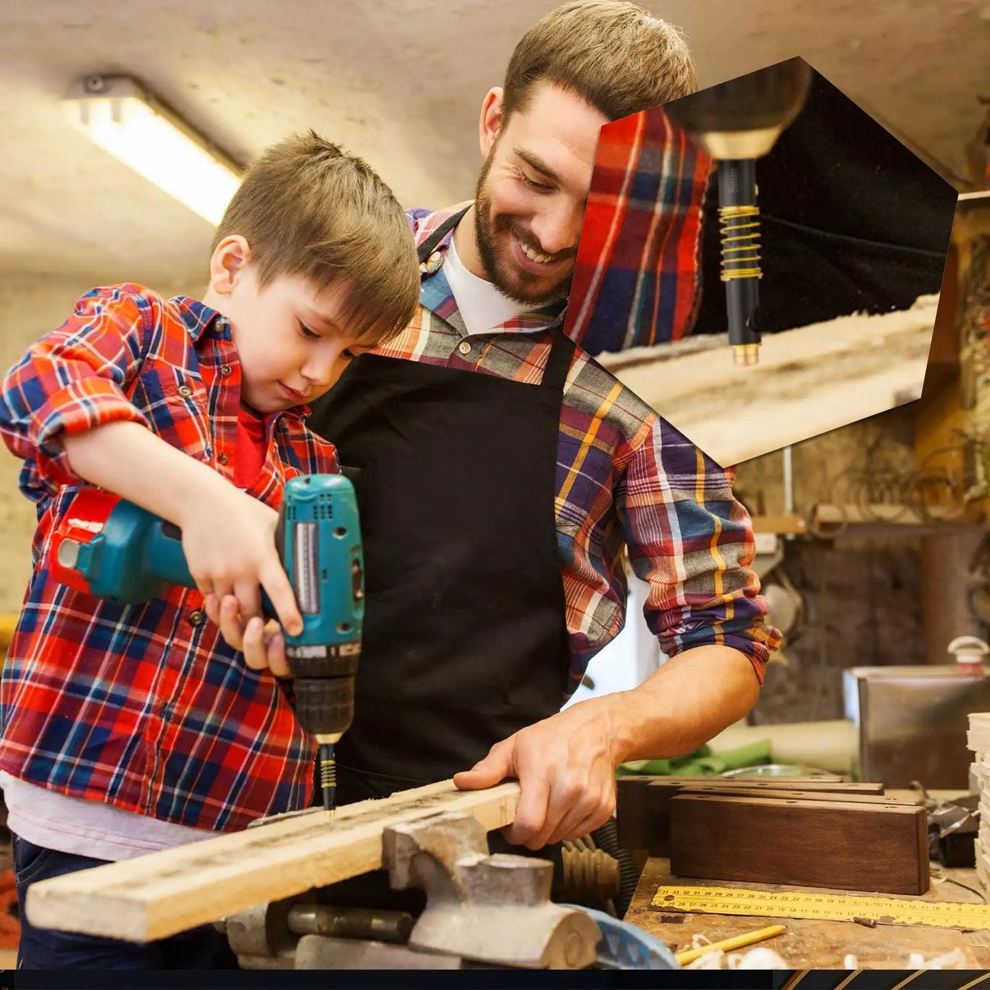 Father and son using MorningRo Self Centering Hinge Drill Bit Set 3 Pc for precise hinge holes in wood, focusing on DIY project.