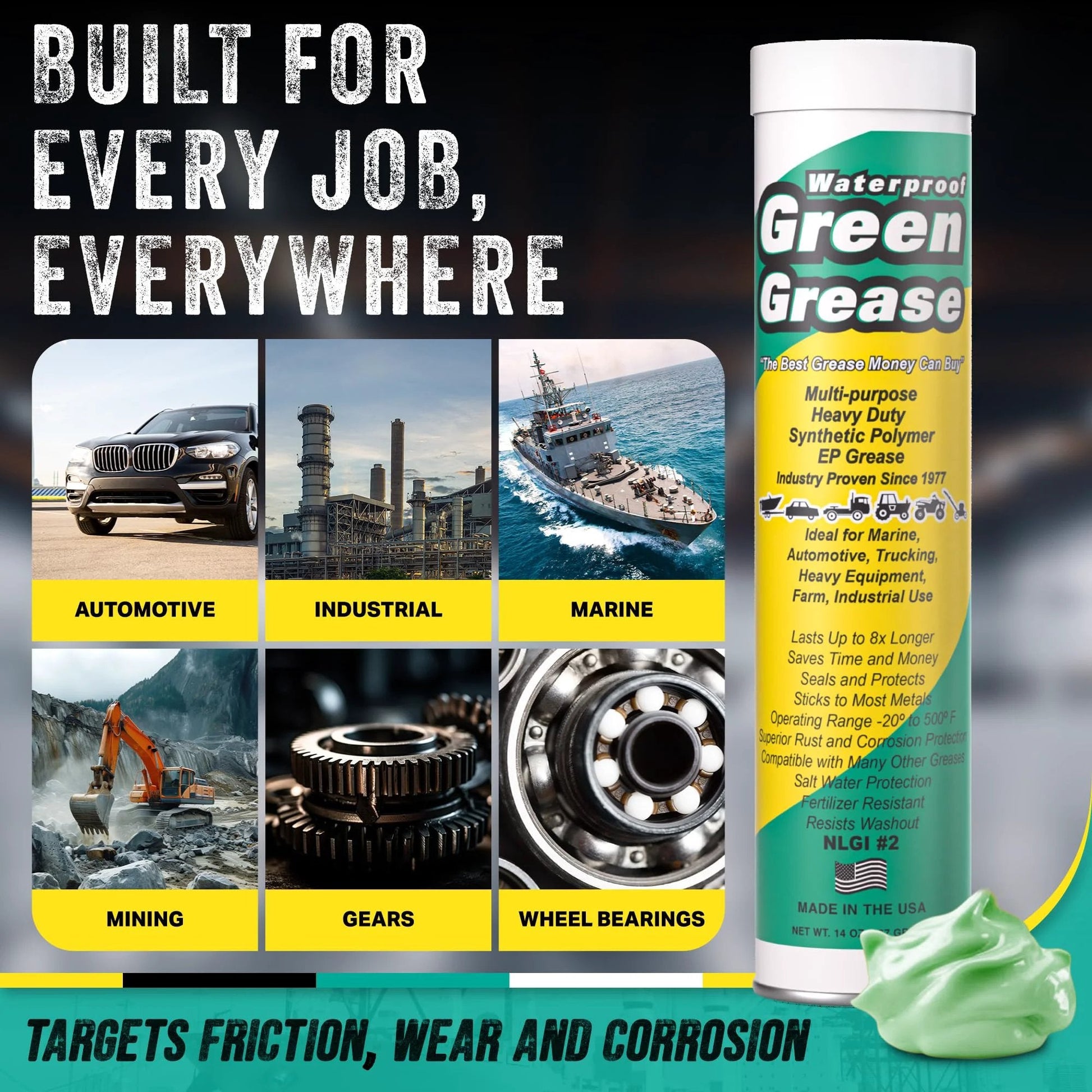 Image of All Purpose Heavy Duty Green Grease Tube 14 Ounce NLGI 2 High Temperature Waterproof Marine Grade Rust Resistant Wheel Bearing Lubricant with industrial and automotive applications.