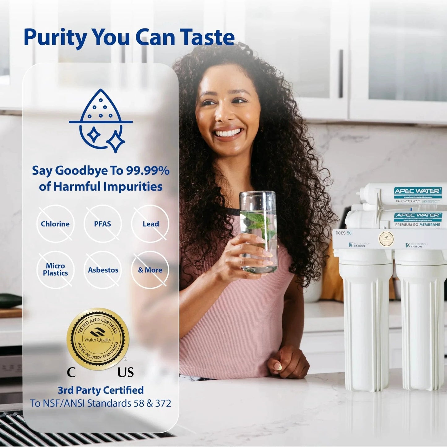 Woman holding a glass of water near Essence Series 75 GPD 6 Stage Alkaline Mineral PH Plus Reverse Osmosis Drinking Water Filter System.
