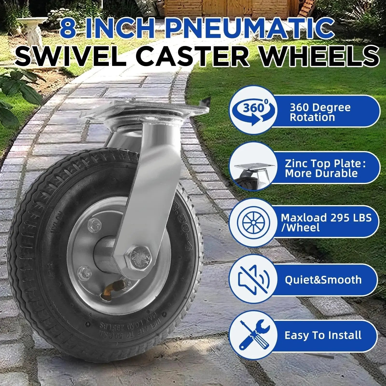 8 Inch Pneumatic Swivel Caster Wheels With Zinc Top Plate And 360 Degree Rotation For Cart Dolly Trolley Workbench And Wagon