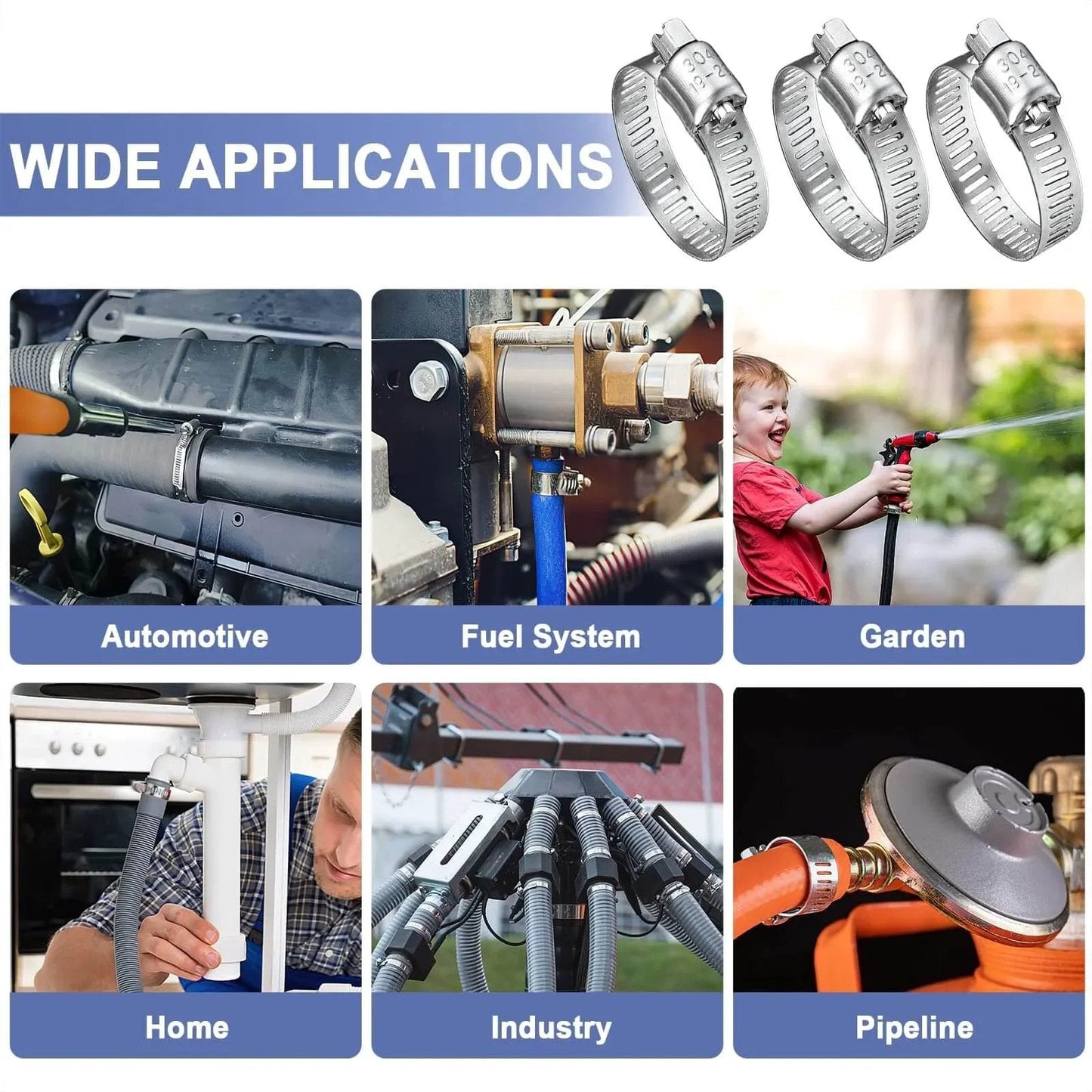 Qibaok 120 Piece Stainless Steel Hose Clamps Assortment Kit With One Quarter Inch To One And One Half Inch Worm Gear Clamps shown in various applications