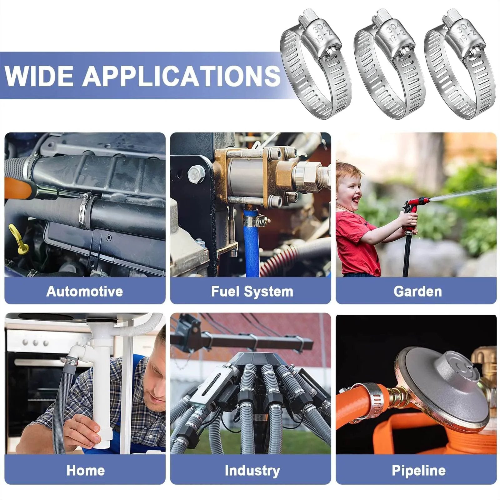 Qibaok 120 Piece Stainless Steel Hose Clamps Assortment Kit With One Quarter Inch To One And One Half Inch Worm Gear Clamps shown in various applications