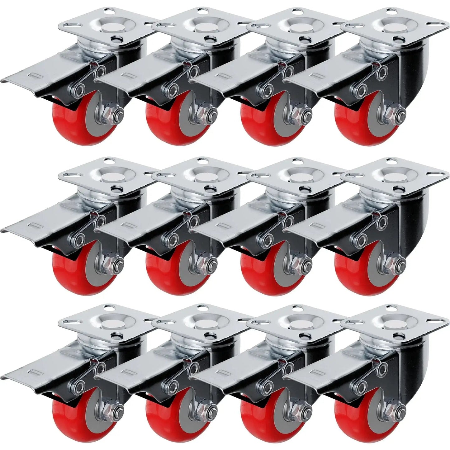 12 Pack 2 Inch Swivel Plate Caster Wheels With Brakes Red Polyurethane Casters for Furniture Tools and Equipment high load capacity.
