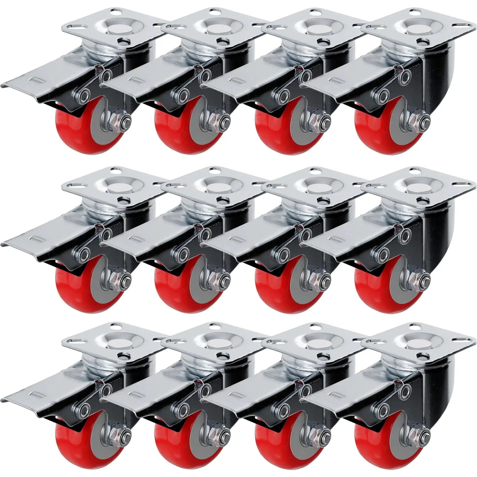 12 Pack 2 Inch Swivel Plate Caster Wheels With Brakes Red Polyurethane Casters for Furniture Tools and Equipment high load capacity.