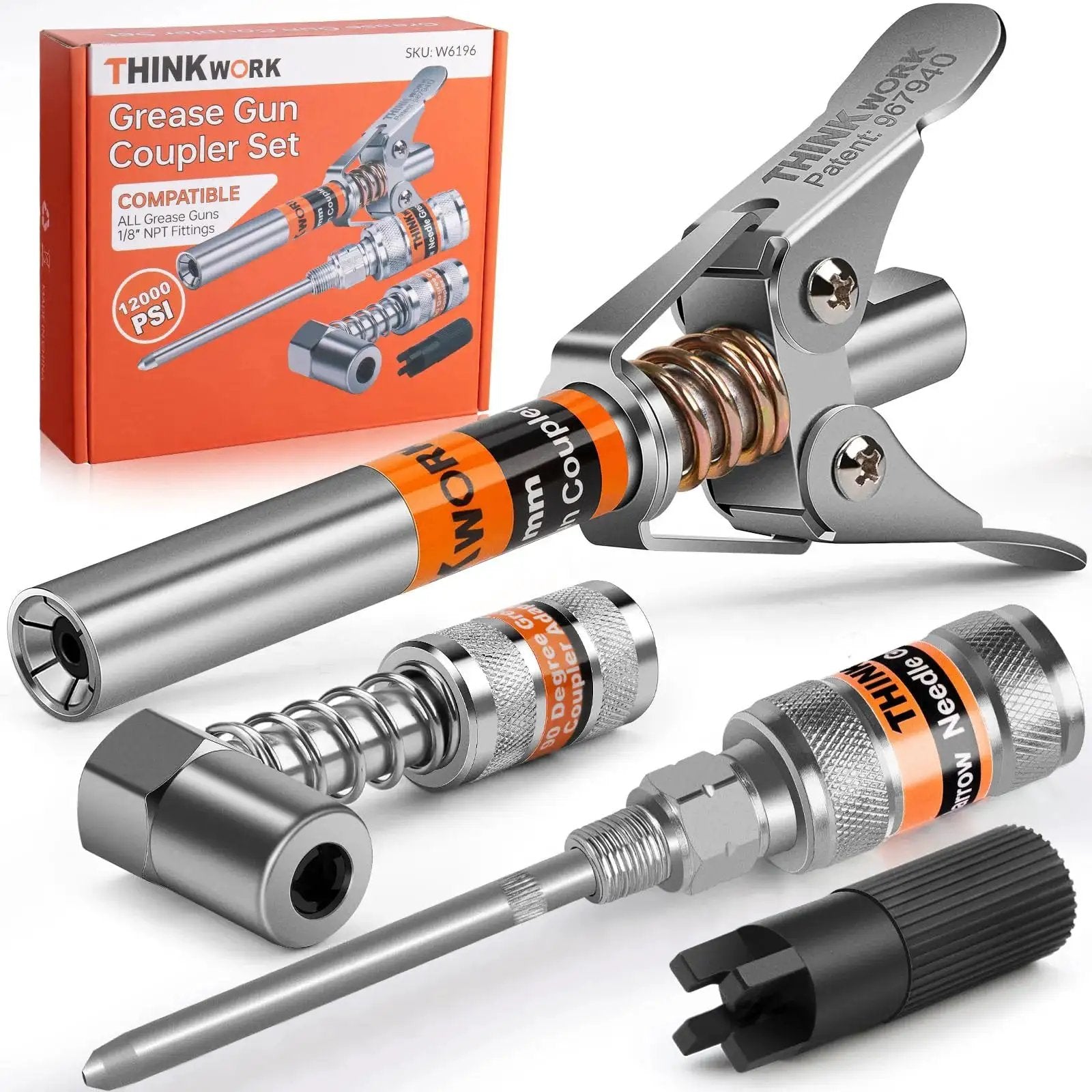 Grease Gun Coupler Set With Double Handle For Extra Reach And 90 Degree Adaptor One Eighth NPT Fittings And Cleaning Tool Plus Narrow Needle Dispenser For Jaw Type Couplers And High Pressure 12000 PSI Use With All Grease Guns Thinkwork