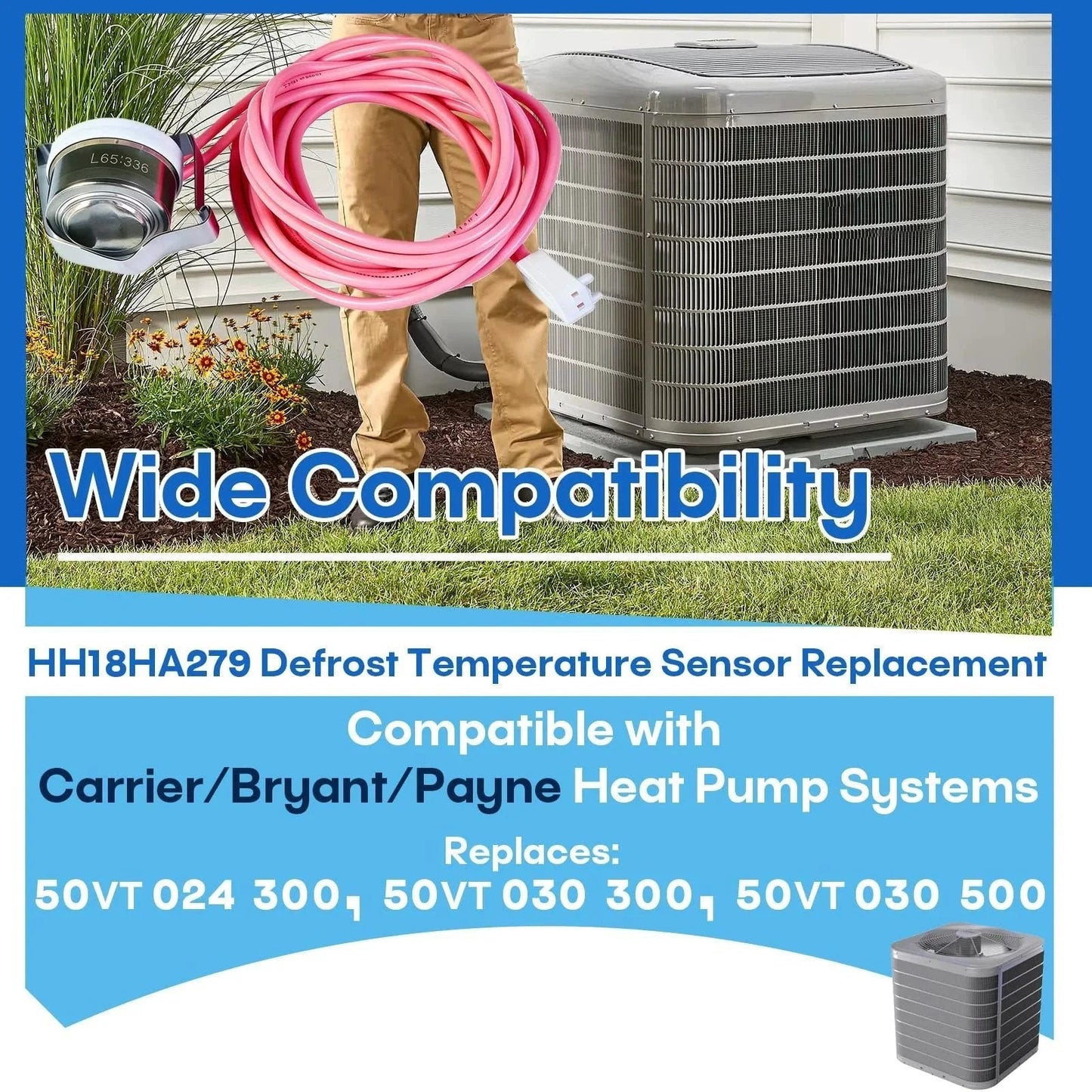 Defrost Temperature Sensor For Carrier Bryant Payne Heat Pumps, Replaces 50VT 024 300 And 50VT 030 300/500, shown with HVAC unit