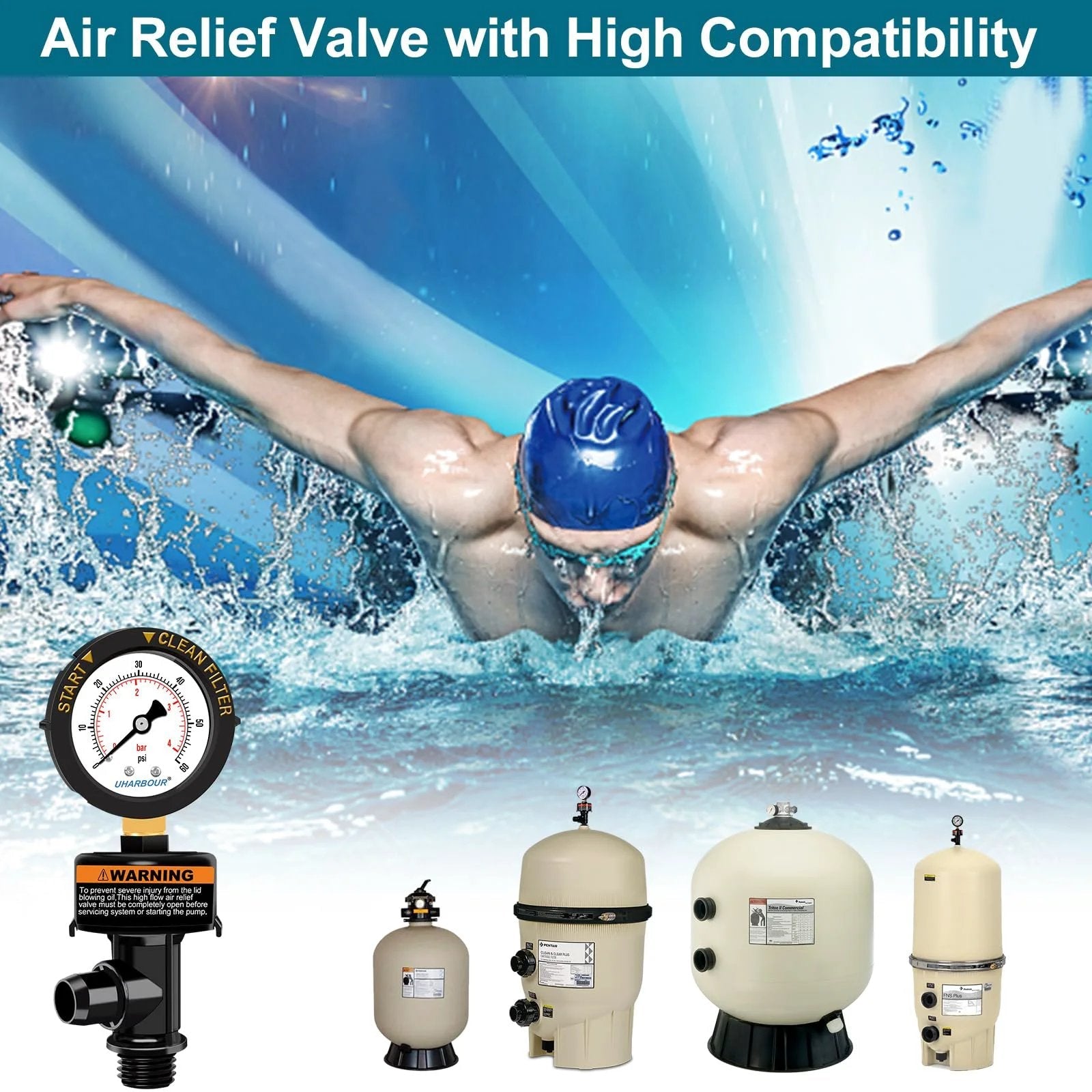 Front view of air relief valve with pool filter pressure gauge 60 psi, shown with compatible pool filter pumps and swimmer.