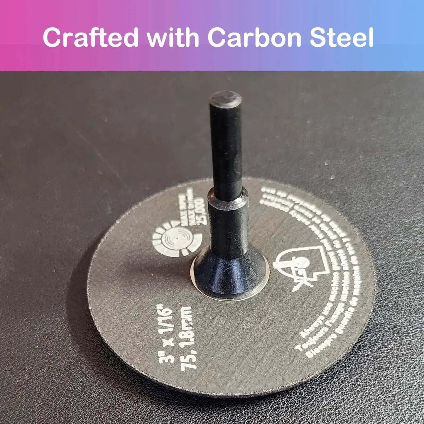Three Pack Die Grinder Mandrel Holder showing cut off wheel with carbon steel, three eighths inch arbor holes, one quarter inch shaft stem