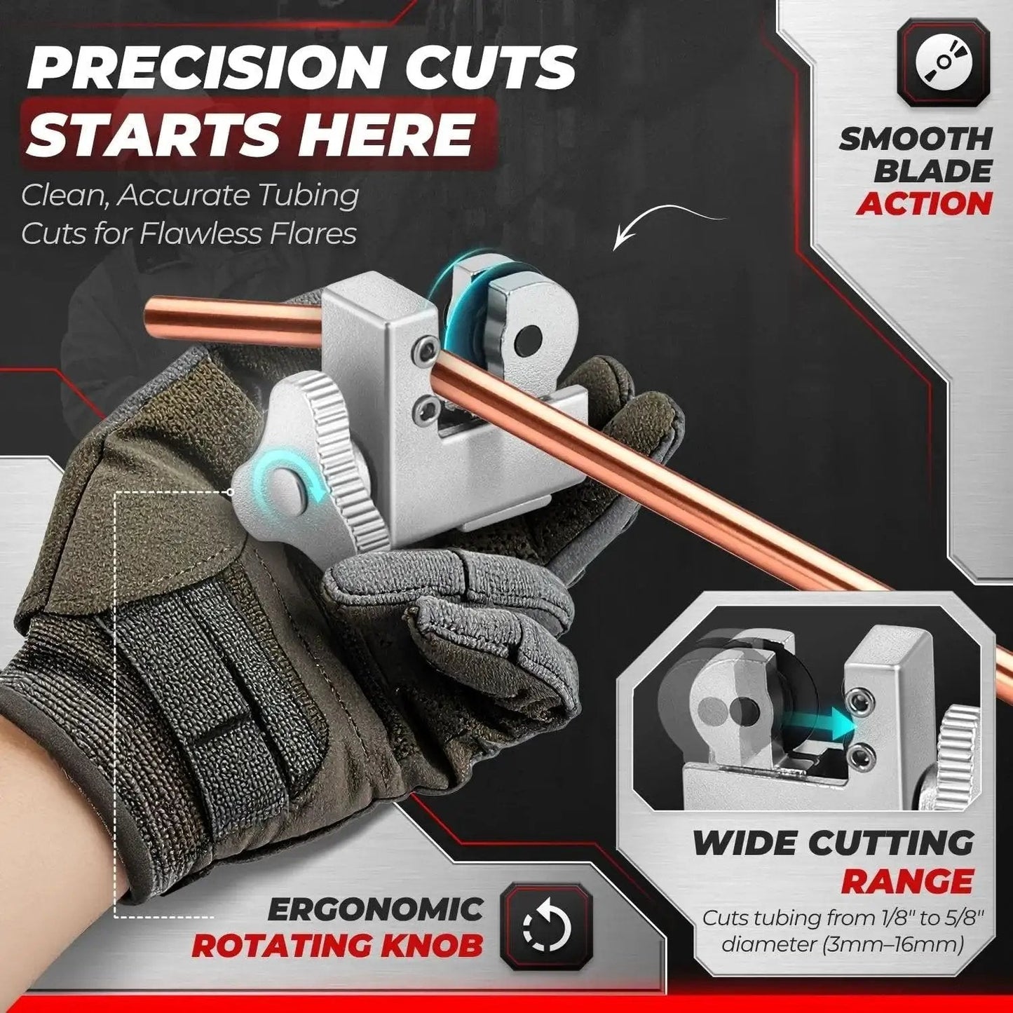 Person using Brake Line Flare Tool Kit Cutter 45 Flare Single and Double 1/8 to 5/8 Tubing on copper pipe