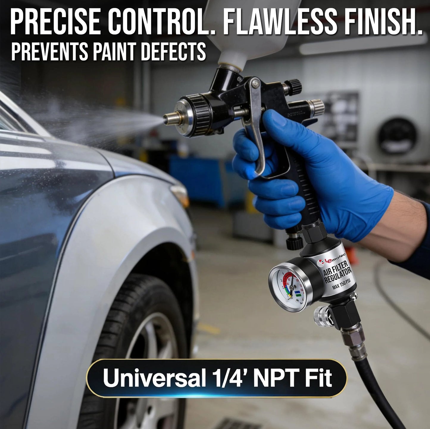 Pro Grade Spray Gun Regulator With Gauge And Water Separator For Paint Guns And Pneumatic Tools being used on a car