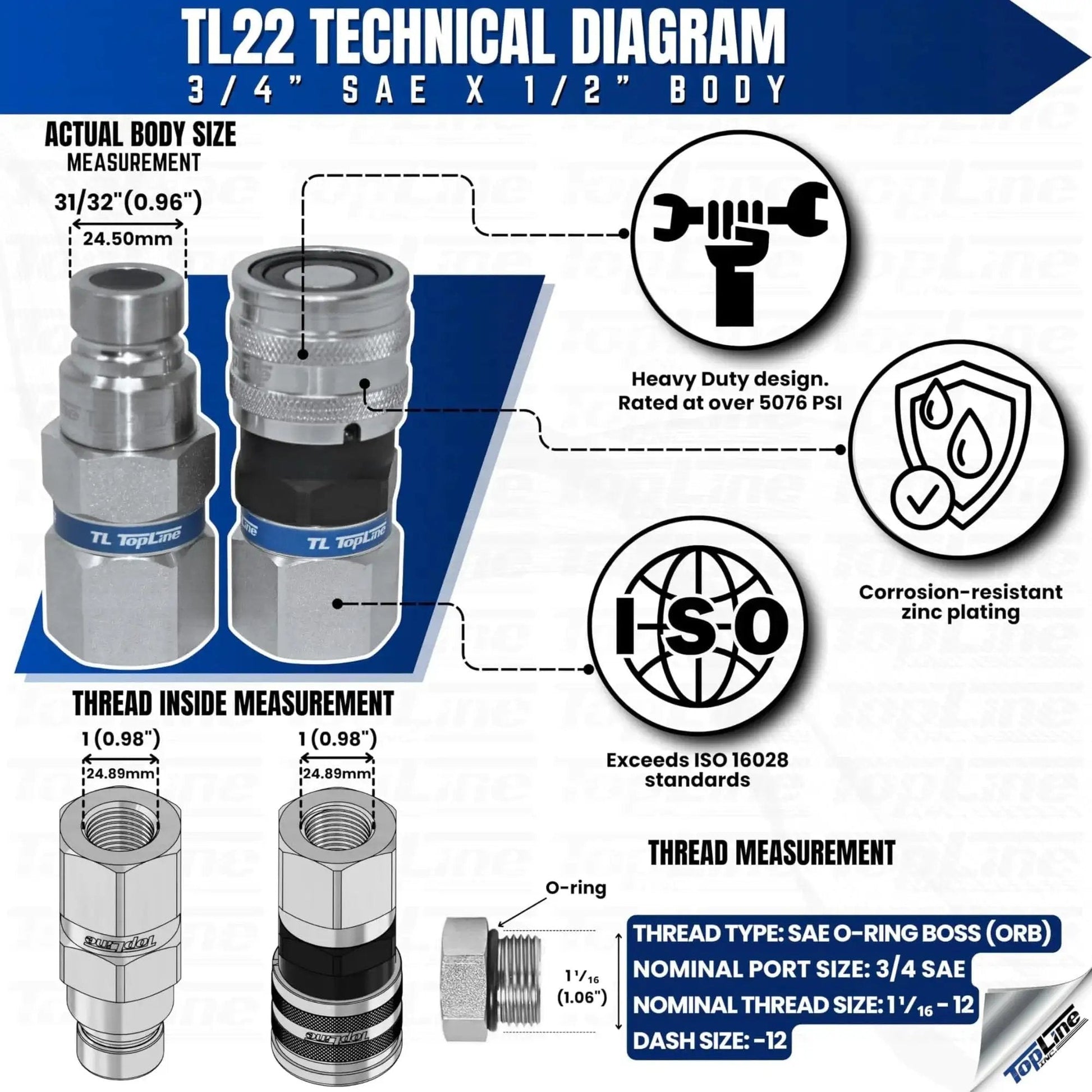 Technical diagram of Flat Face Hydraulic Quick Connect Coupler Set For Skid Steer Bobcat Attachments One Half Inch Body With Three Quarter Inch SAE O Ring Boss Thread ISO 16028 Heavy Duty TL22 Blue Dust Caps showing dimensions and specifications.