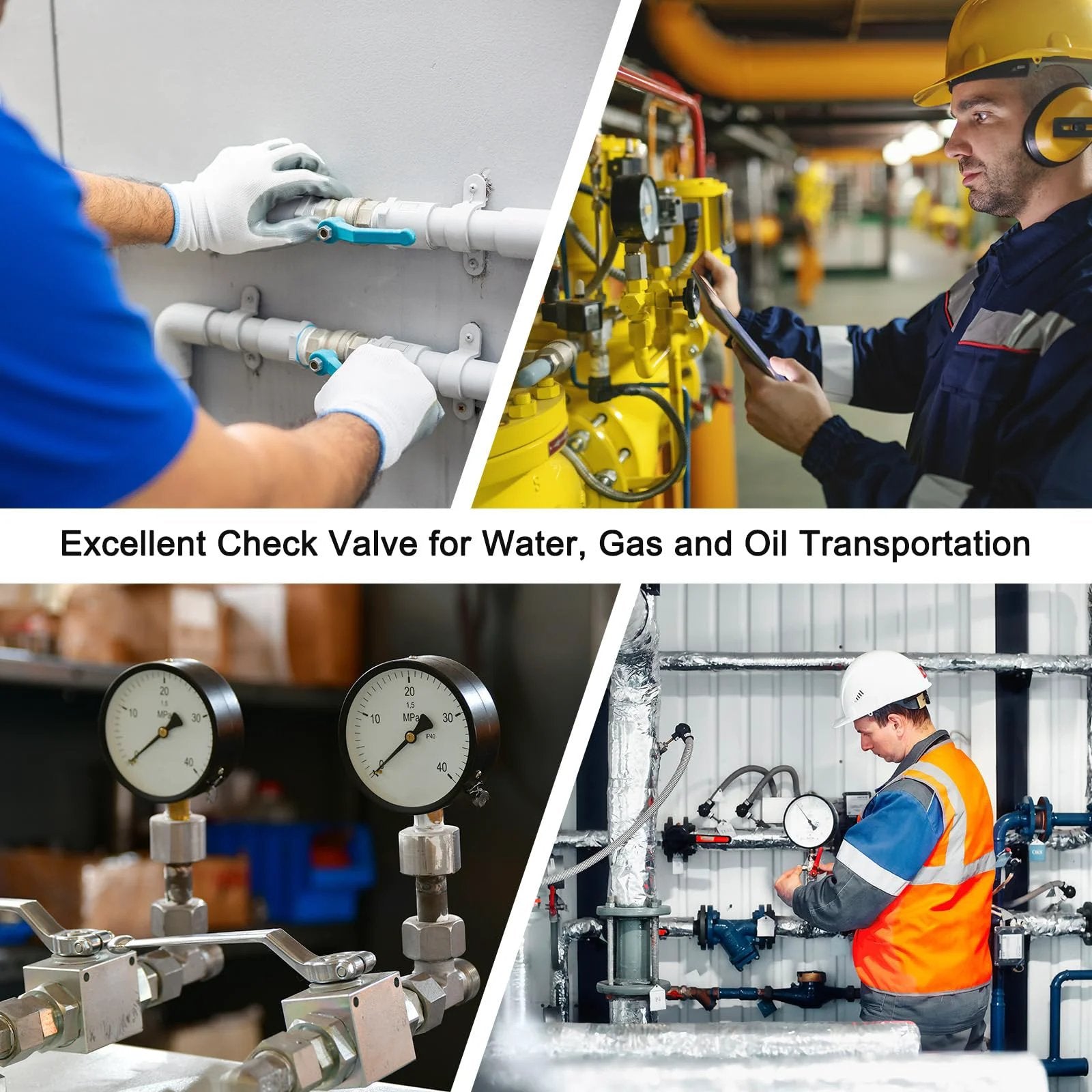 Collage of professionals installing Stainless Steel Spring Check Valve In Line One Way Non Return Backflow Preventer in industrial settings.