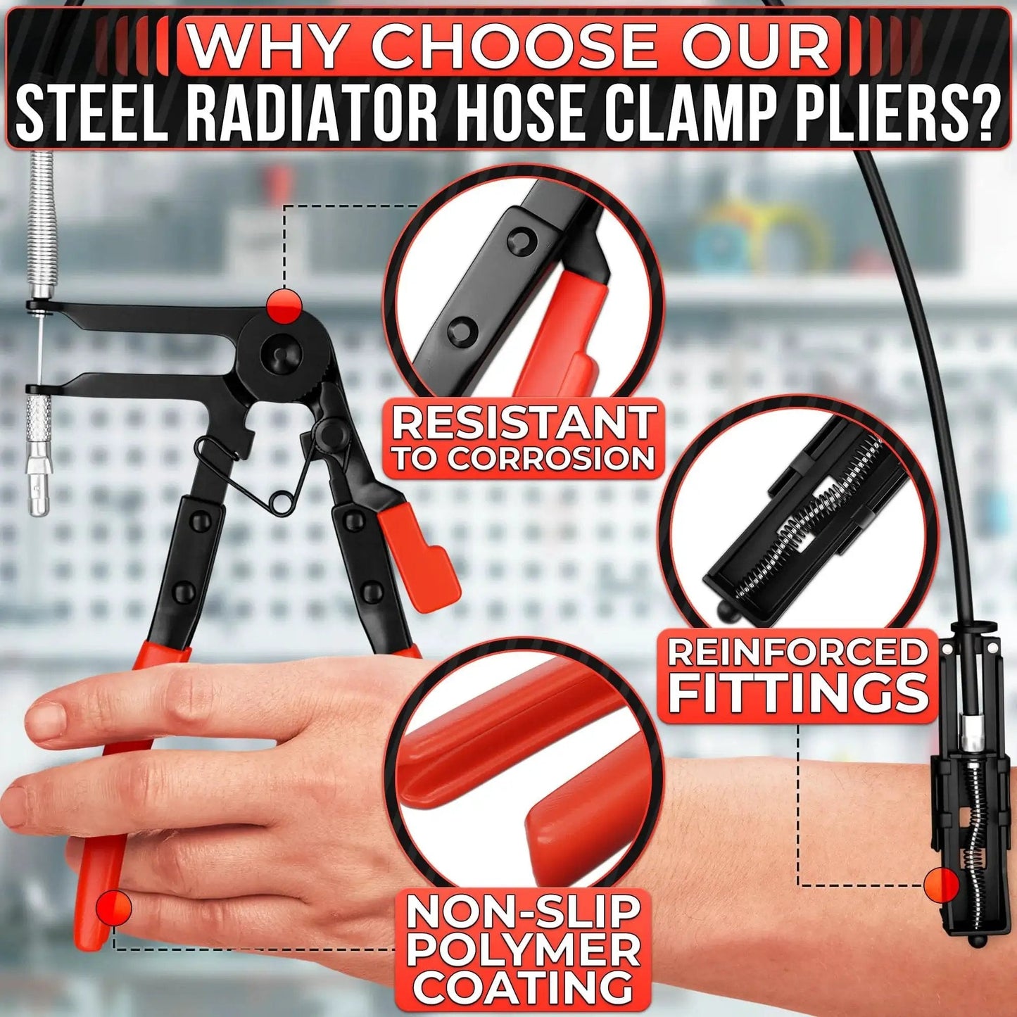 Radiator Hose Clamp Tool With Ratchet Locking Pliers For Easy One-Hand Operation, steel material with red handles
