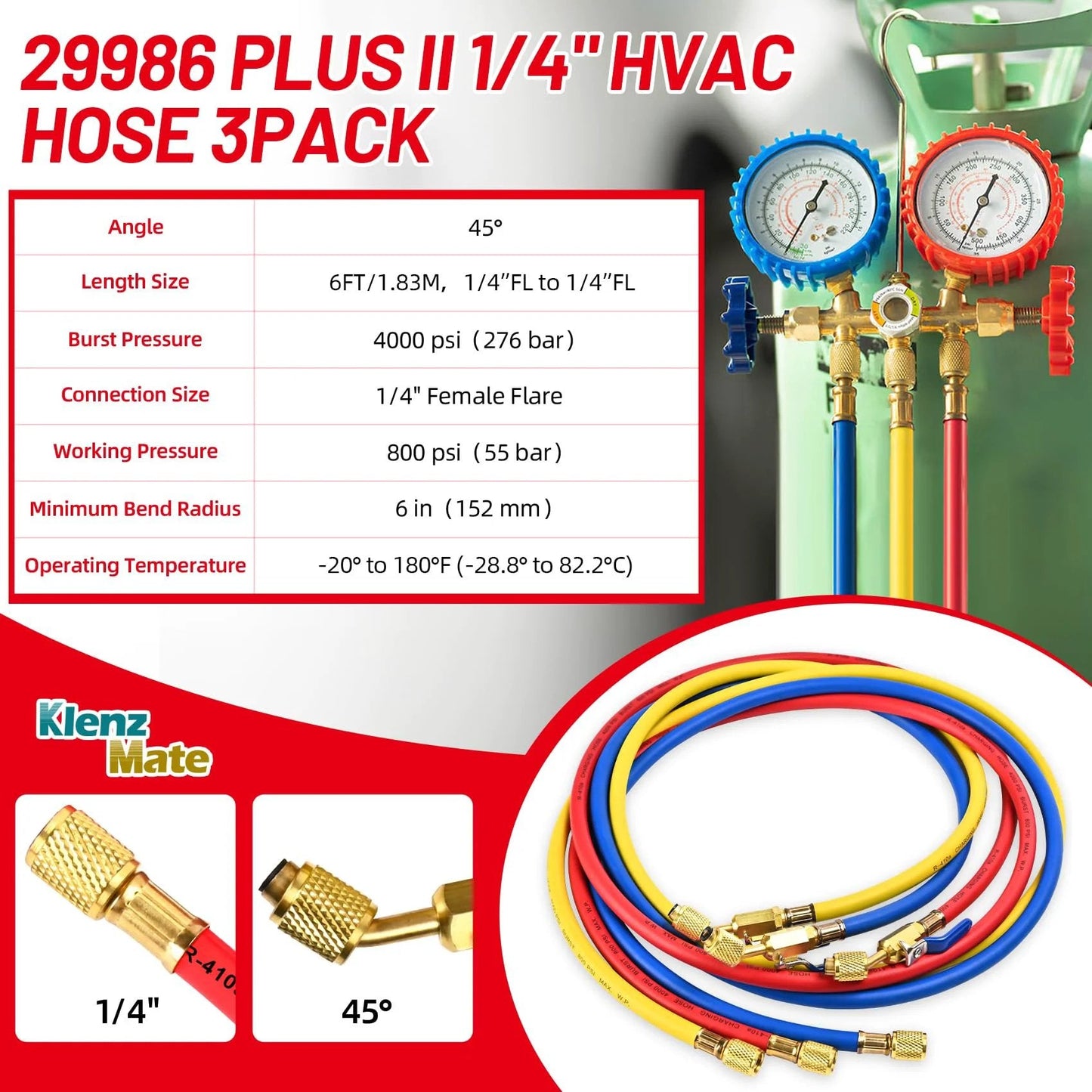 Upgraded 29986 Plus II One Quarter Inch HVAC Refrigerant Hose With Compact Ball Valve 800 PSI Working Pressure, three-color pack.