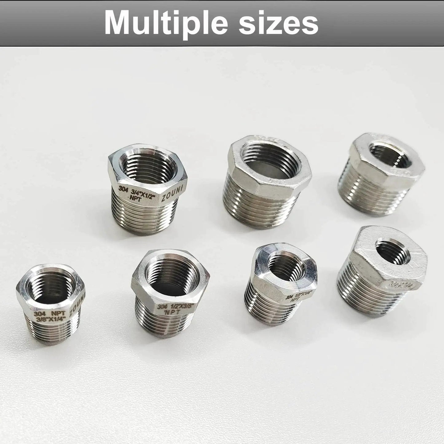 Heavy Duty 2 Pack Stainless Steel Hex Bushing Reducer 1/2 Inch MNPT To 1/4 Inch FNPT Pipe Fittings in multiple sizes