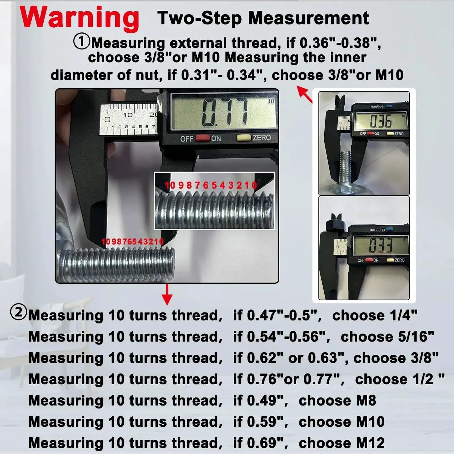 Guide on two-step measurement method for thread sizes with digital caliper readings and instructions for M10 threads.