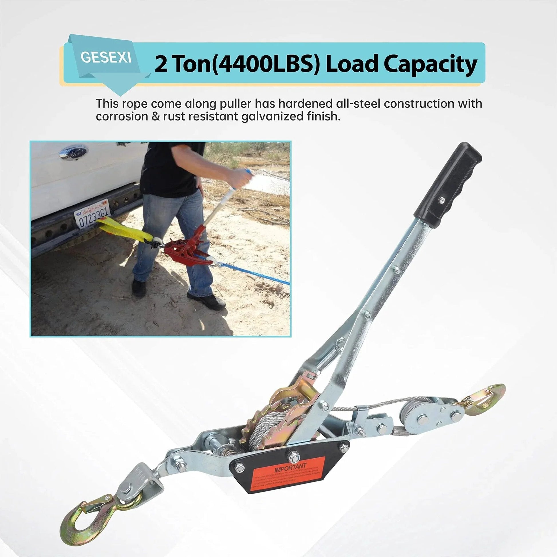 4 Ton Dual Gear Come Along Power Puller with Two Hooks in use on truck with steel cable and galvanized finish for heavy-duty lifting