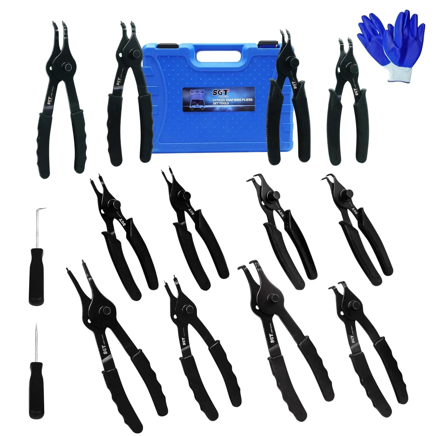 14 Piece Snap Ring Pliers Set With Internal And External Circlips Pliers Including 45 Degree Bent 90 Degree Bent And Straight Pliers Hook And Pick Pro Grade Heavy Duty Removal Tool With Storage Case And Gloves For Easy Ring Removal