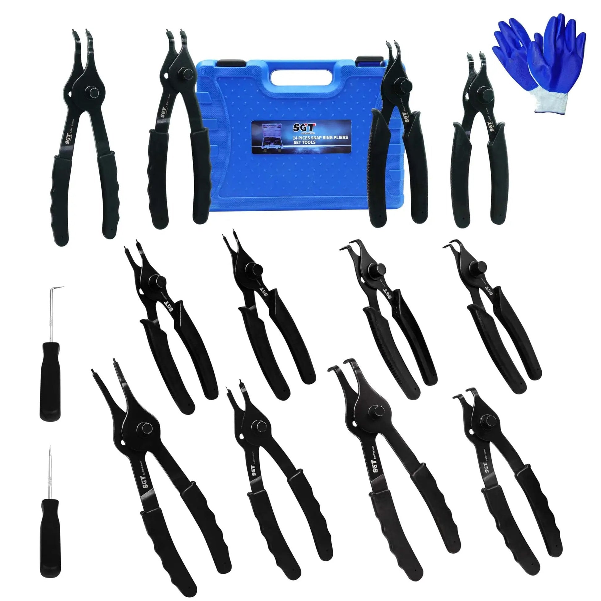 14 Piece Snap Ring Pliers Set With Internal And External Circlips Pliers Including 45 Degree Bent 90 Degree Bent And Straight Pliers Hook And Pick Pro Grade Heavy Duty Removal Tool With Storage Case And Gloves For Easy Ring Removal