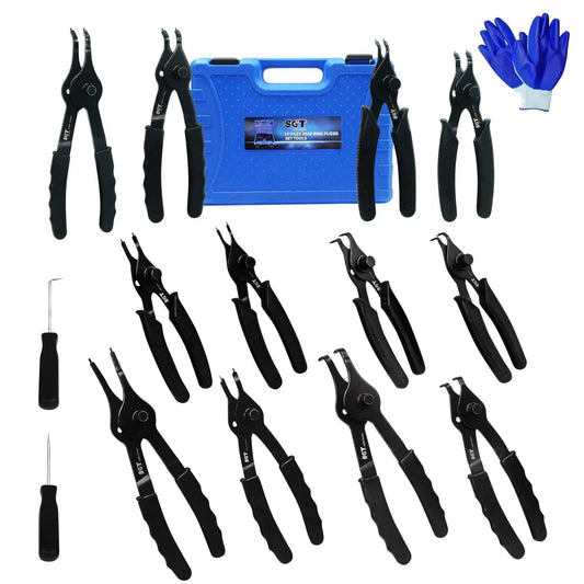 14 Piece Snap Ring Pliers Set With Internal And External Circlips Pliers Including 45 Degree Bent 90 Degree Bent And Straight Pliers Hook And Pick Pro Grade Heavy Duty Removal Tool With Storage Case And Gloves For Easy Ring Removal