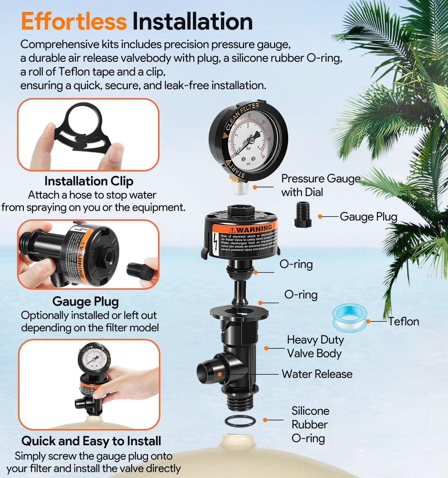 High Flow Manual Air Relief Valve With Pressure Gauge Top Mount Replacement For Pool And Spa Filters with labeled components diagram