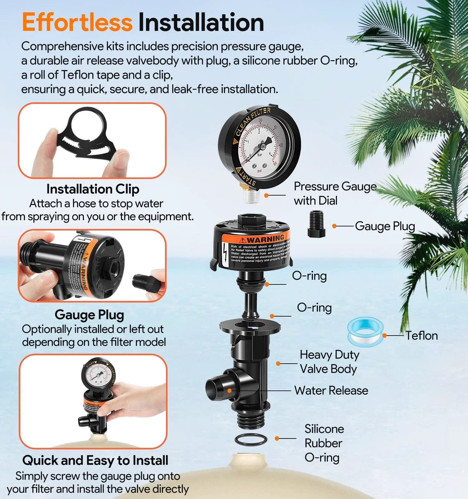 High Flow Manual Air Relief Valve With Pressure Gauge Top Mount Replacement For Pool And Spa Filters with labeled components diagram