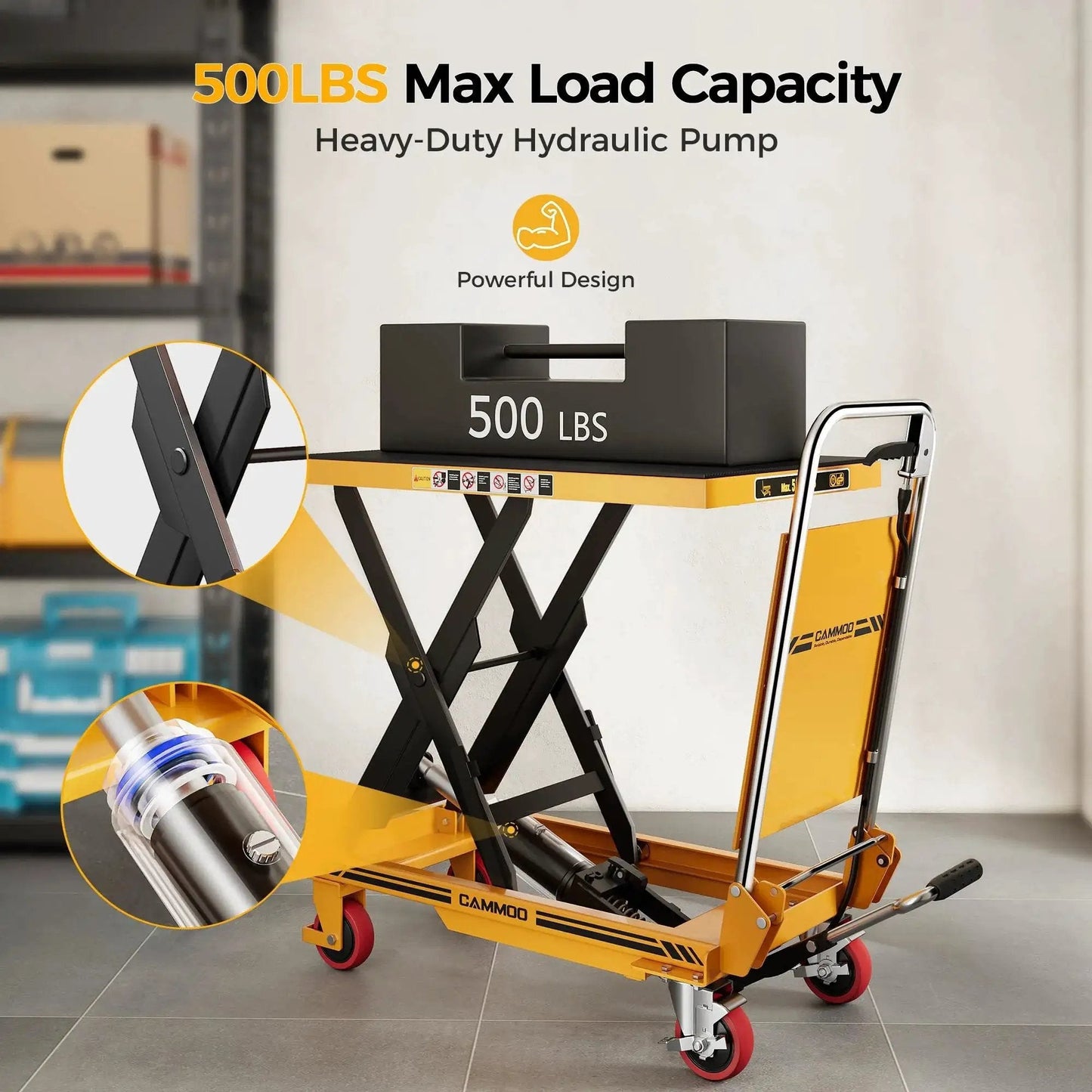 Foldable Hydraulic Lift Table Cart 500lb Capacity With Non Slip Pad 28.5 Inches in warehouse setting