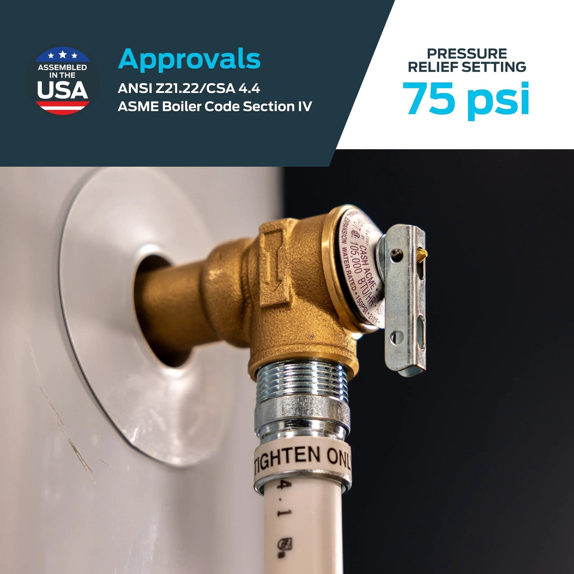 Three Quarter Inch RV Water Heater Pressure Relief Valve Bronze Body 75 PSI FWL2 With MIP Inlet And FIP Outlet installed
