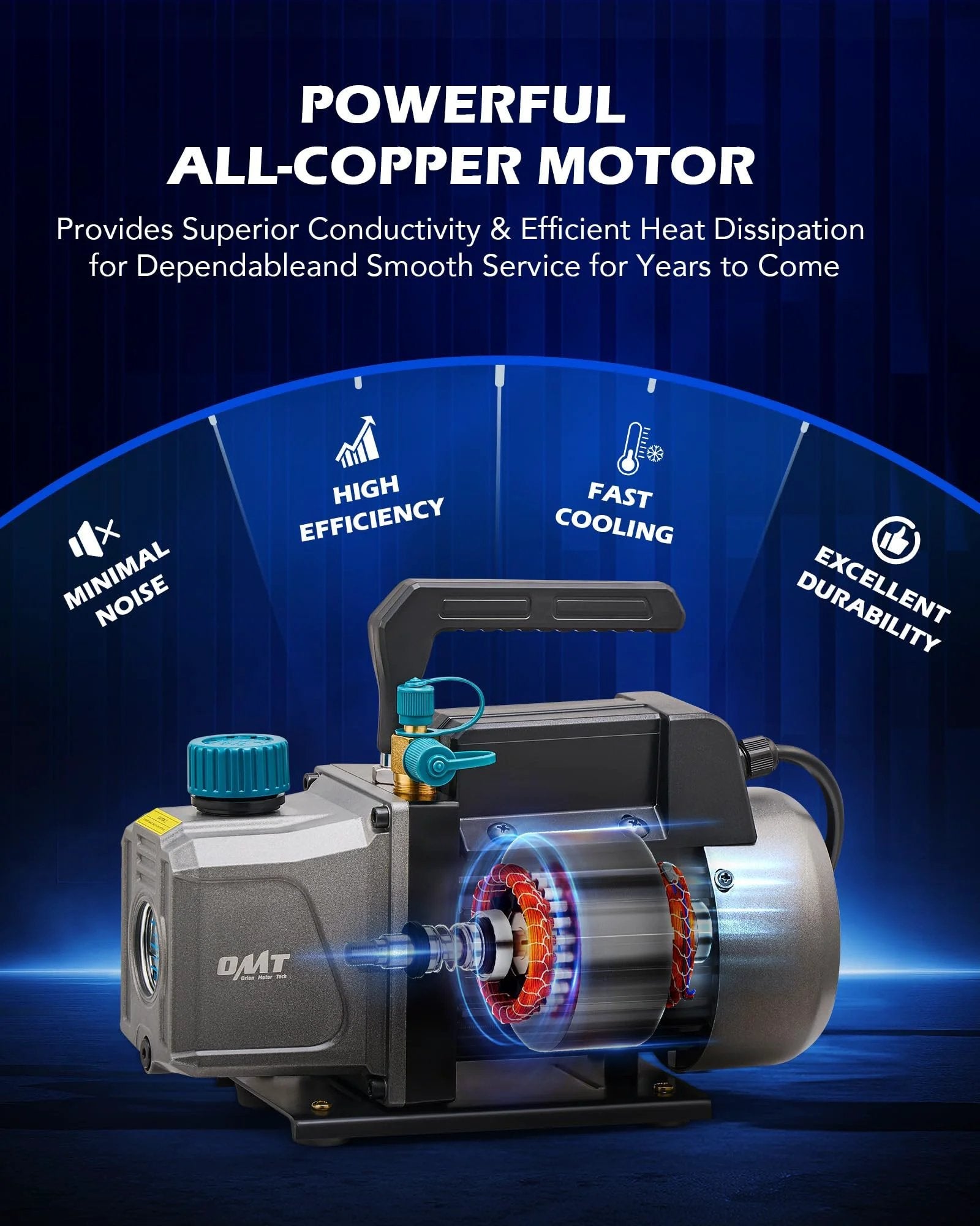 All In One 3 Gallon Vacuum Chamber Kit With One Quarter Horsepower Pump featuring a powerful all-copper motor, displayed on a blue background.