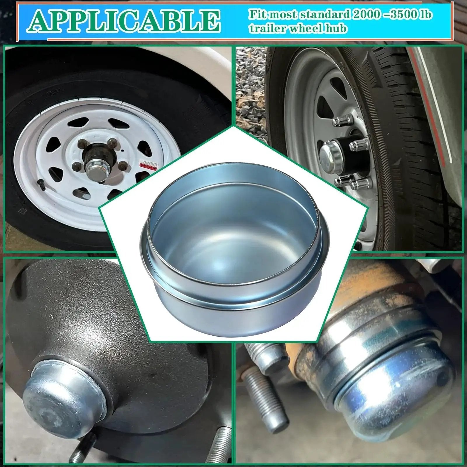 Two Pack 1.98 Inch Trailer Hub Dust Caps For EZ Lube And Standard Axles Bearing Center Replacement Grease Caps Fits Most 2000 To 3500 Lb Boat Trailers 4 And 5 Lug Hubs 50mm Diameter Dexter EZ Lube Compatible installed on trailer wheels