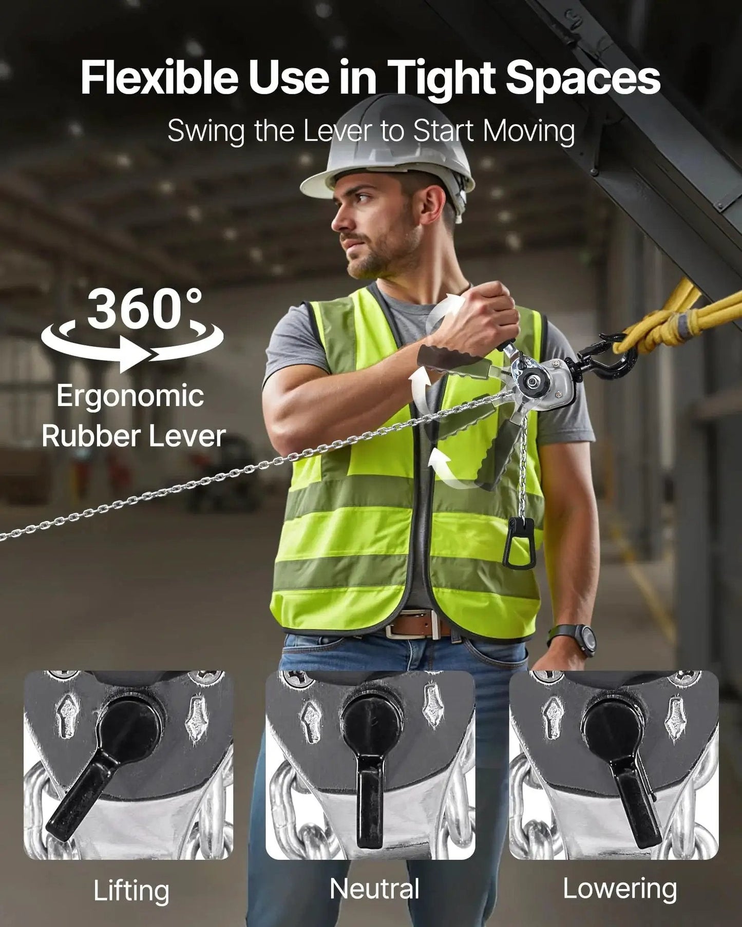 Person using Manual Lever Chain Hoist Half Ton With 5 Ft G80 Chain Dual Pawl Brake with 360° rotating handle in industrial setting