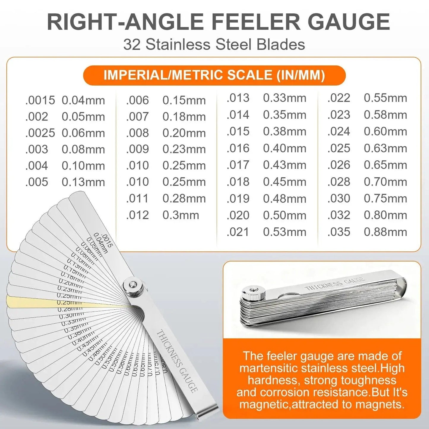 Stainless Steel Feeler Gauge Set With 32 Straight Blades And 16 Angled Blades For Precise Gap And Thickness Measurement And Stackable Blades For Readings Pro Grade For Guitar Setup Spark Plugs Valves Piston Clearance And Auto Marine DIY Projects displayed with metric and imperial scale chart.