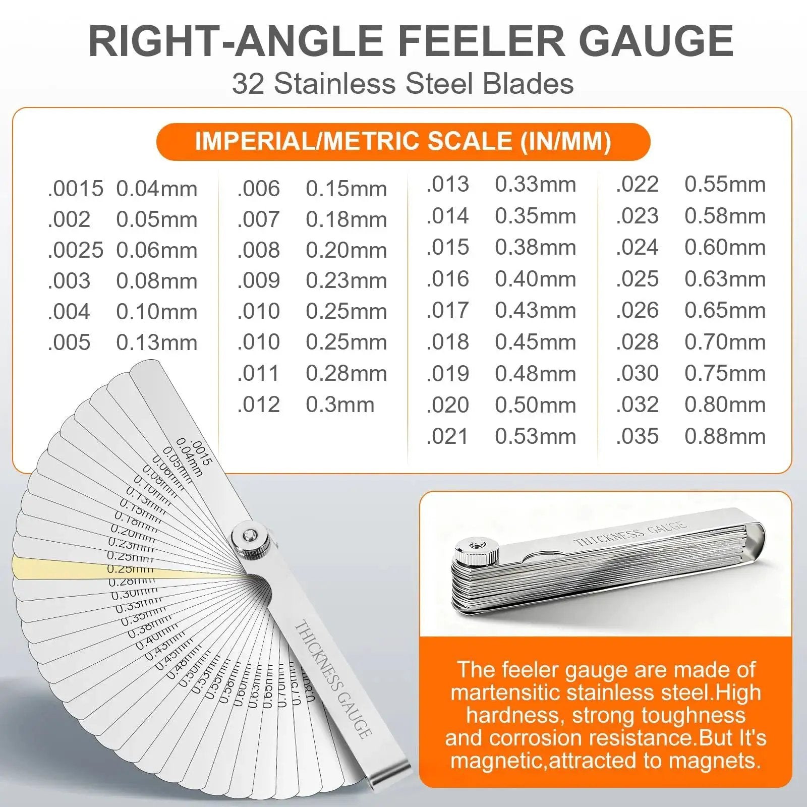 Stainless Steel Feeler Gauge Set With 32 Straight Blades And 16 Angled Blades For Precise Gap And Thickness Measurement And Stackable Blades For Readings Pro Grade For Guitar Setup Spark Plugs Valves Piston Clearance And Auto Marine DIY Projects displayed with metric and imperial scale chart.