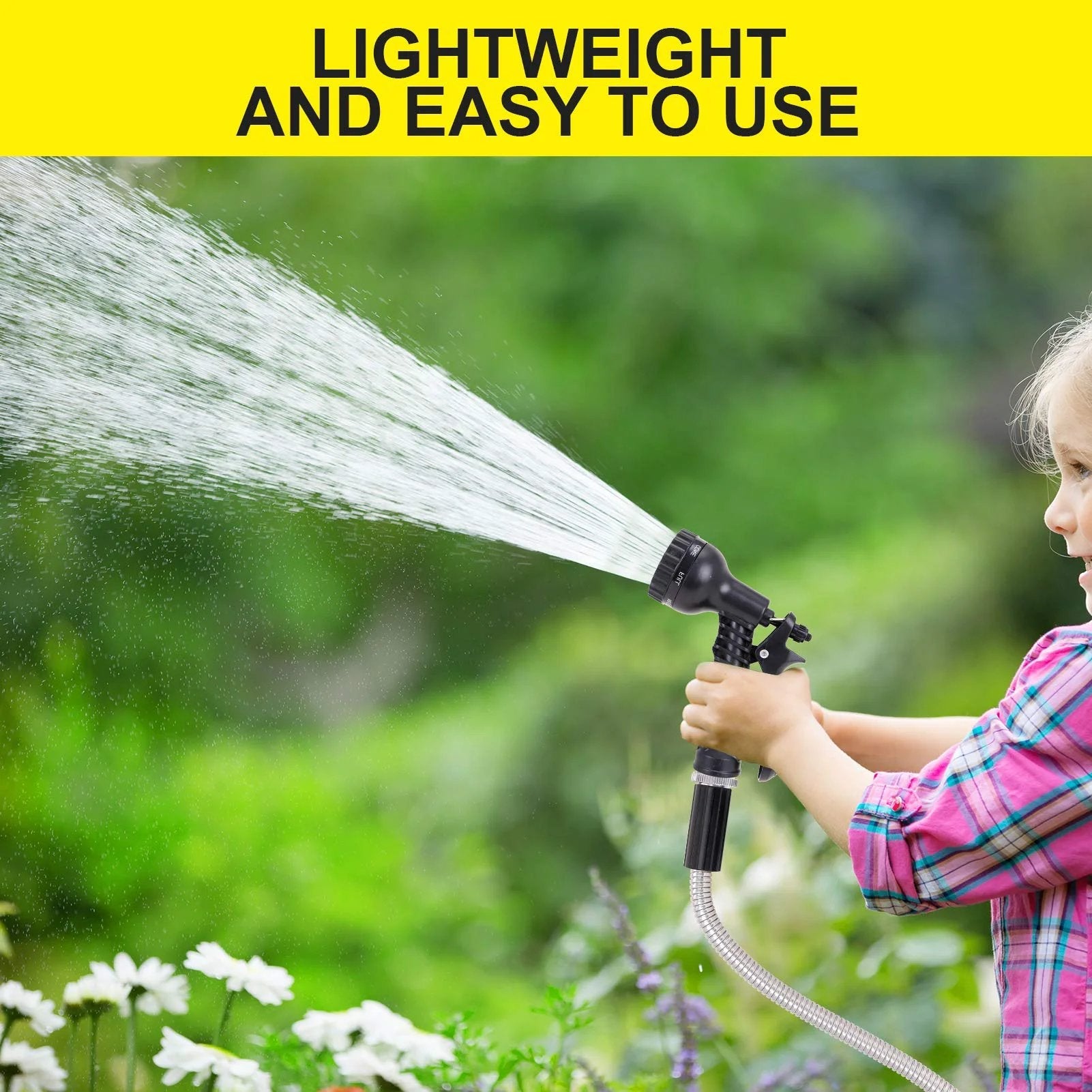 Child using Heavy Duty 25 Ft Stainless Steel Water Hose With Two Nozzles, Lightweight Metal Garden Hose That Won't Tangle Or Kink