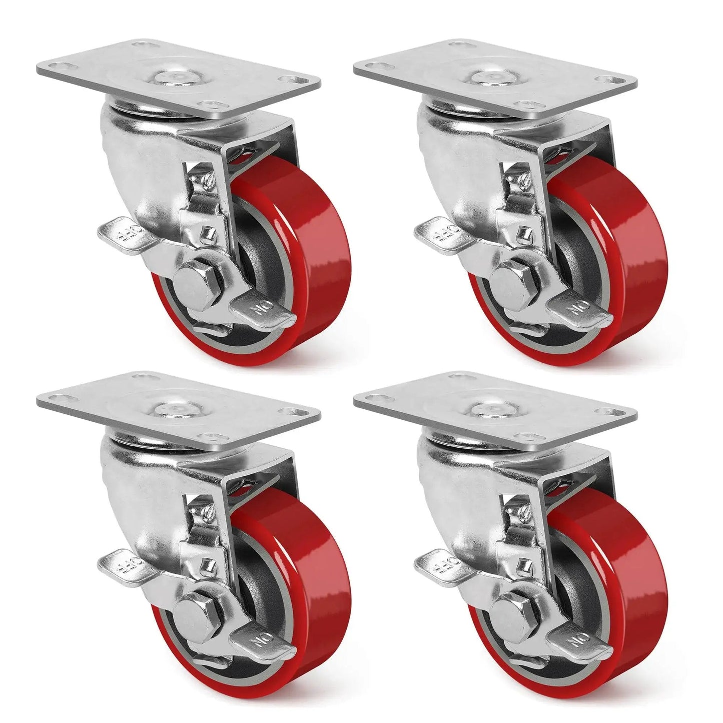 Heavy Duty 3 Inch Swivel Caster Wheels With Brake For Furniture Workbench And Cart, Polyurethane On Steel Wheel, Set of 4